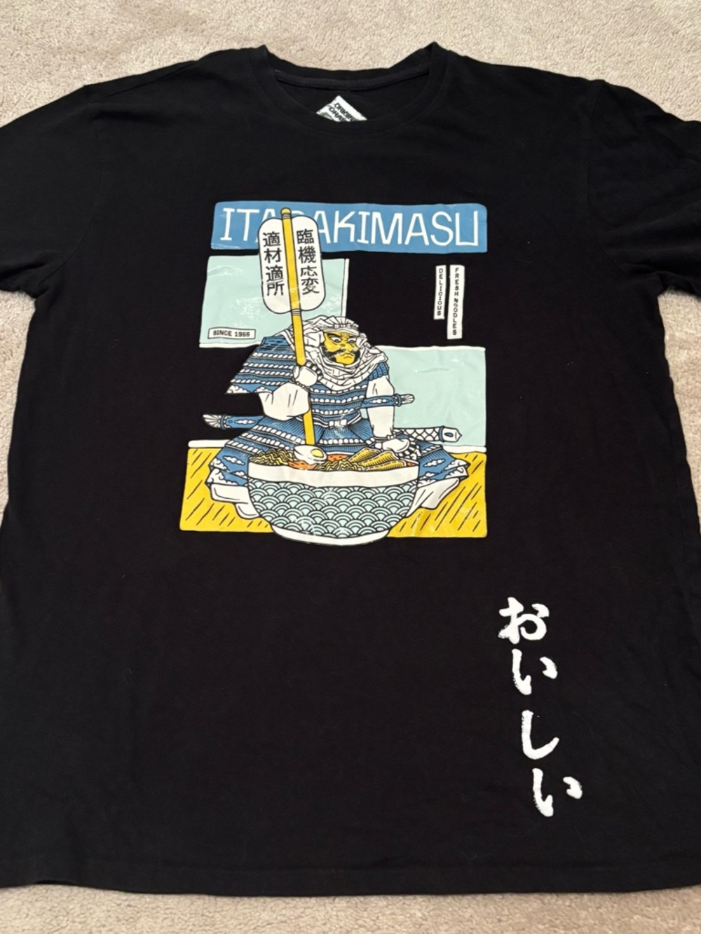 Original Gravity Ramen Temple Mens Medium Graphic Samurai Ramen Tee Black
